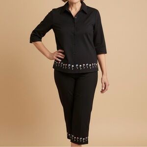 Elegant Black Floral Embroidered Blouse and Capris